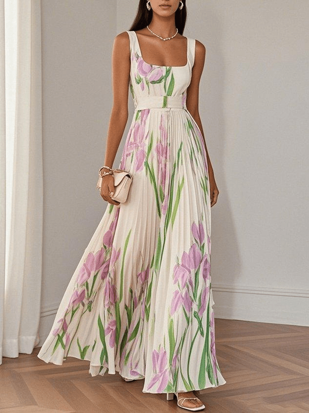 Robe Longue Femme Fleurie – Col Carré Taille Empire Plissée