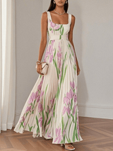 Robe Longue Femme Fleurie – Col Carré Taille Empire Plissée