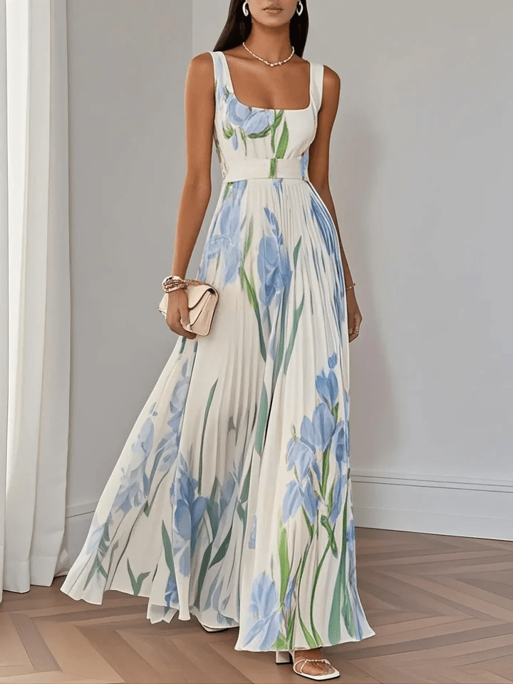 Robe Longue Femme Fleurie – Col Carré Taille Empire Plissée