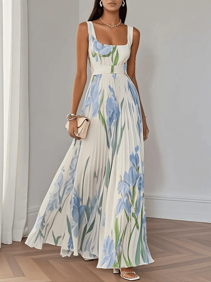 Robe Longue Femme Fleurie – Col Carré Taille Empire Plissée