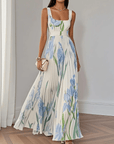 Robe Longue Femme Fleurie – Col Carré Taille Empire Plissée