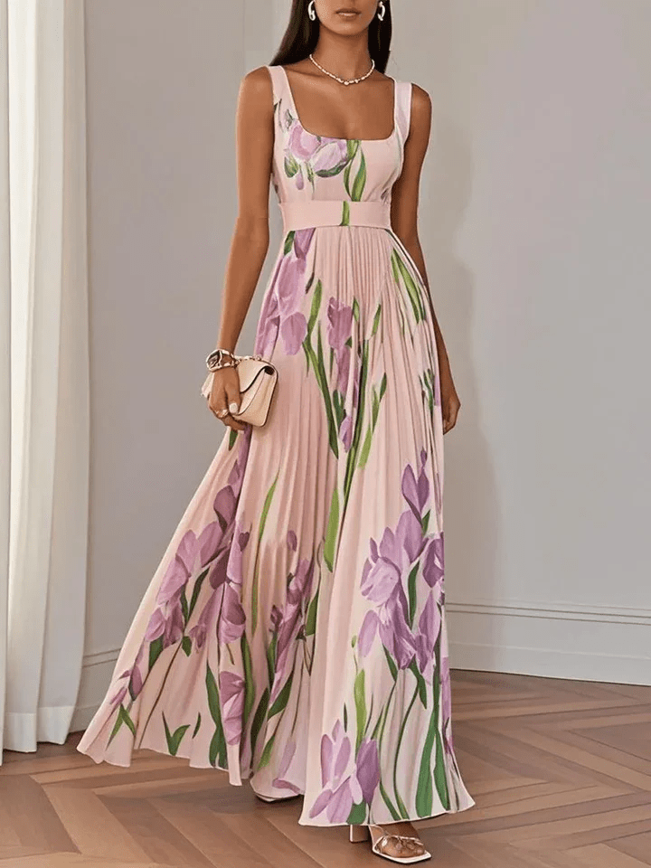 Robe Longue Femme Fleurie – Col Carré Taille Empire Plissée