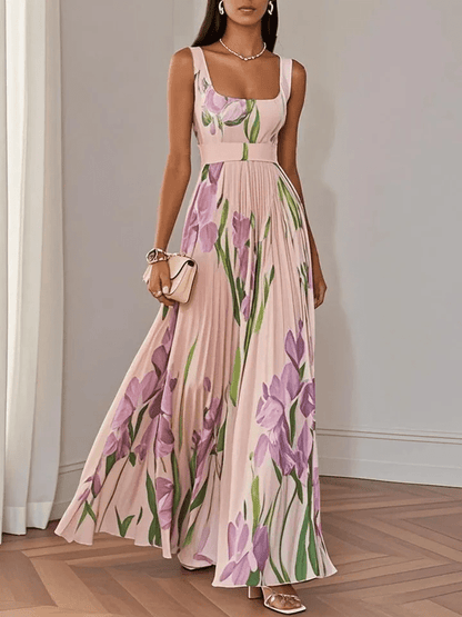 Robe Longue Femme Fleurie – Col Carré Taille Empire Plissée
