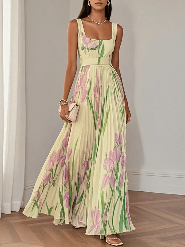 Robe Longue Femme Fleurie – Col Carré Taille Empire Plissée