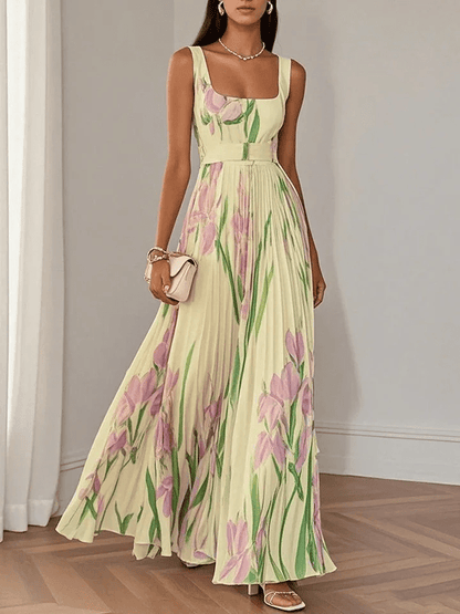 Robe Longue Femme Fleurie – Col Carré Taille Empire Plissée